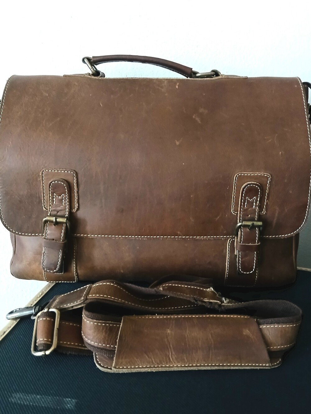 Viosi Brown Distressed Leather Crossbody Messenger Attache Men's Briefcase Bag